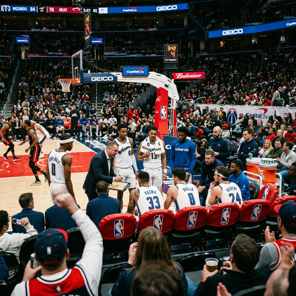 Washington Wizards players huddle at the bench during the fourth quarter against Miami Heat