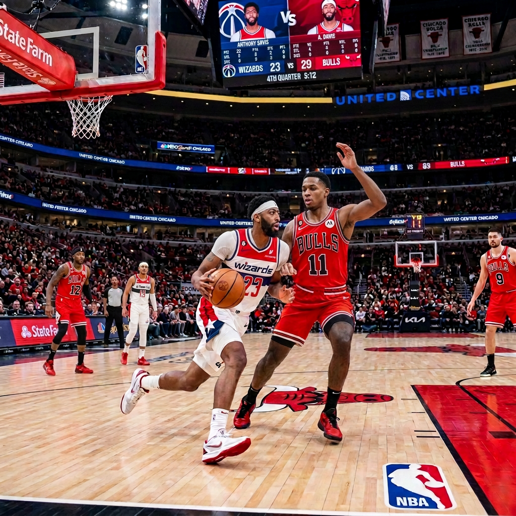Wizards player drives past Bulls defender during an NBA game